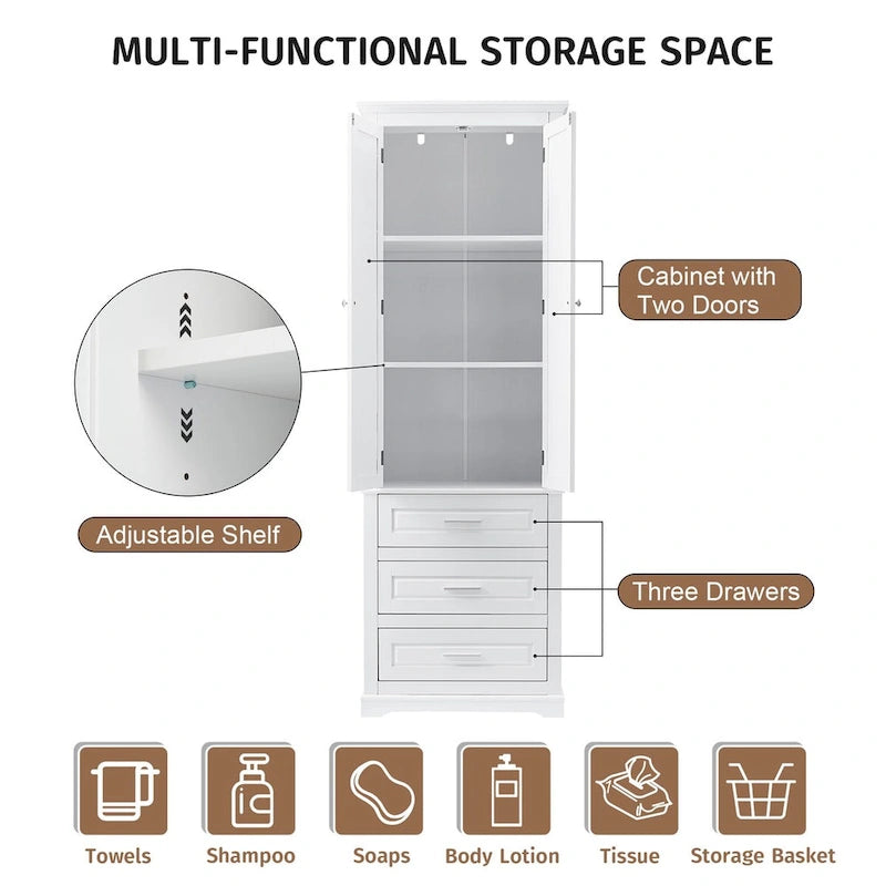 Tall Storage Cabinet with Three Drawers for Bathroom,White Tall Cabinet