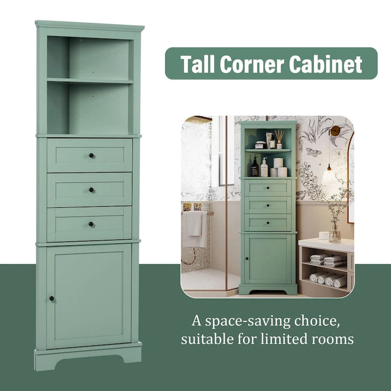 69 Tall Wood 1-door Bathroom Cabinet in Green with Adjustable Shelf