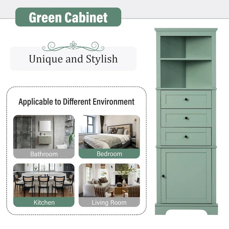 69 Tall Wood 1-door Bathroom Cabinet in Green with Adjustable Shelf