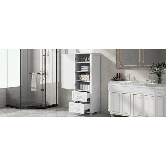 Tall Bathroom Storage Cabinet with Two Drawers and Adjustable Shelf