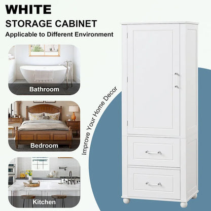Tall Bathroom Storage Cabinet with Two Drawers and Adjustable Shelf