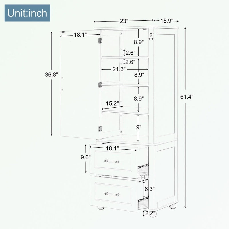 Tall Bathroom Storage Cabinet with Two Drawers and Adjustable Shelf