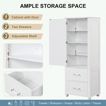 Tall Bathroom Storage Cabinet with Two Drawers and Adjustable Shelf