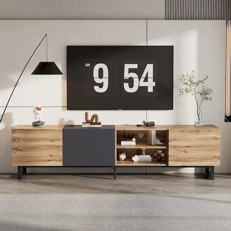 TV with 3 Cabinets& Open Shelves,Color-matching Media Console Table for TVs up to 80,Entertainment Center with Drop Down Door