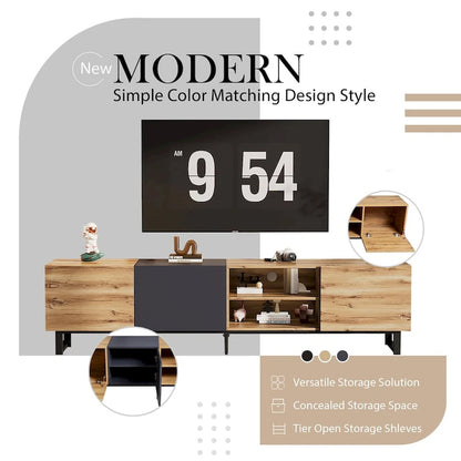 TV with 3 Cabinets& Open Shelves,Color-matching Media Console Table for TVs up to 80,Entertainment Center with Drop Down Door