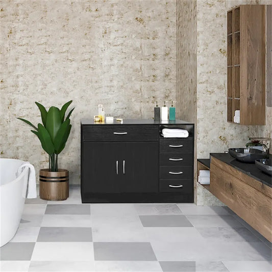 Double Doors and Five Drawers Bathroom Cabinet Black