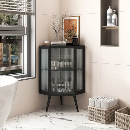 Floor Coner Cabinet with Tempered Glass Door and Storage Shelves