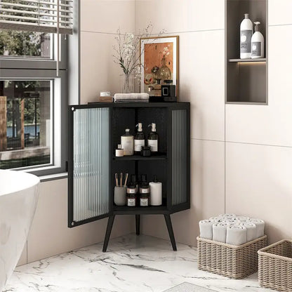 Floor Coner Cabinet with Tempered Glass Door and Storage Shelves
