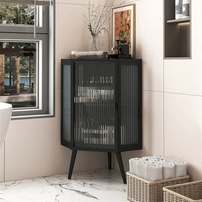 Floor Coner Cabinet with Tempered Glass Door and Storage Shelves