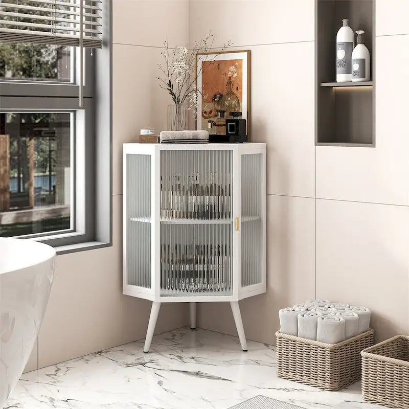 Floor Coner Cabinet with Tempered Glass Door and Storage Shelves