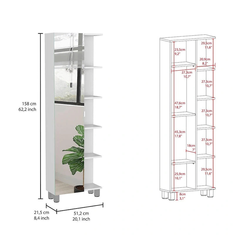 Mirror Cabinet, Four Interior Shelves, Five External Shelves -White