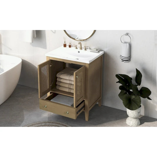 Bathroom Vanity with Ceramic Basin, Two Rattan Doors
