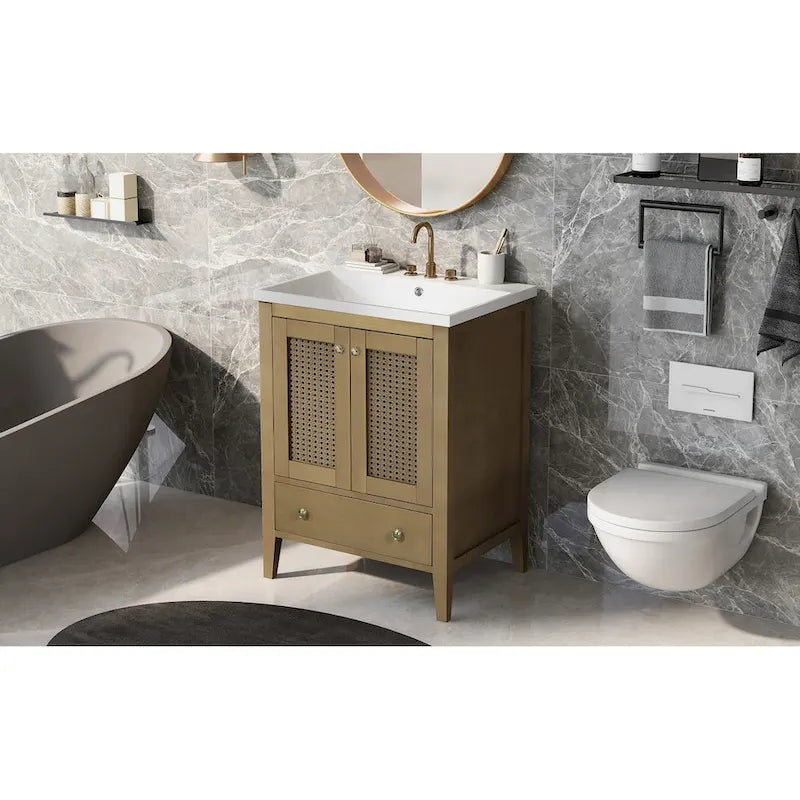 Bathroom Vanity with Ceramic Basin, Two Rattan Doors