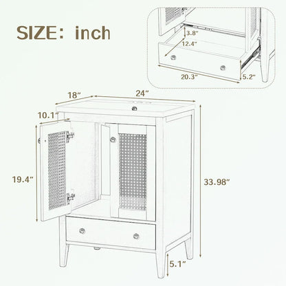 Bathroom Vanity with Ceramic Basin, Two Rattan Doors