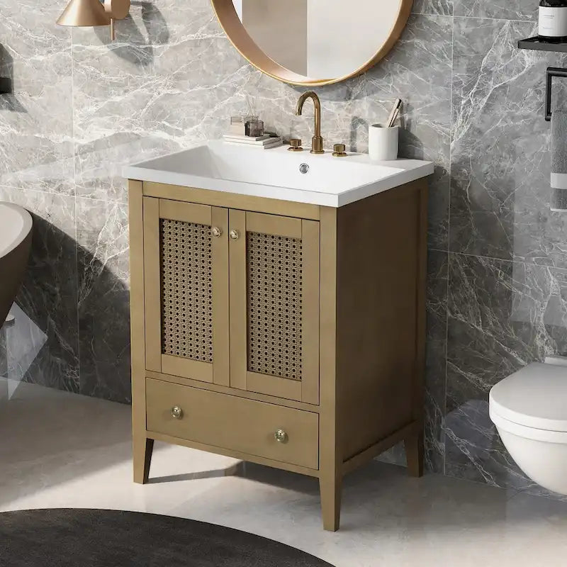 Bathroom Vanity with Ceramic Basin, Two Rattan Doors