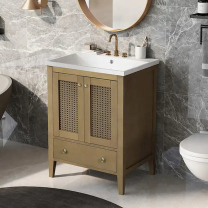 Bathroom Vanity with Ceramic Basin, Two Rattan Doors