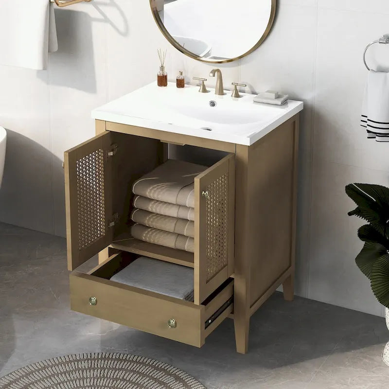 Bathroom Vanity with Ceramic Basin, Two Rattan Doors