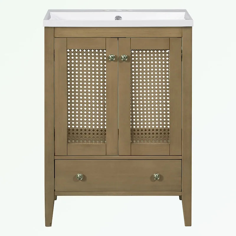 Bathroom Vanity with Ceramic Basin, Two Rattan Doors