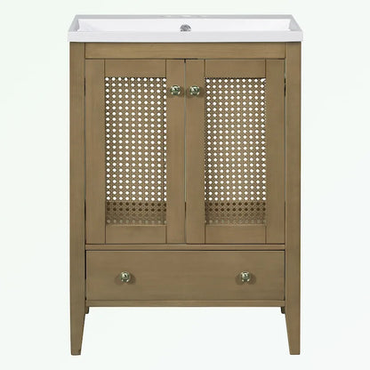 Bathroom Vanity with Ceramic Basin, Two Rattan Doors
