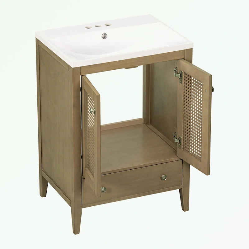 Bathroom Vanity with Ceramic Basin, Two Rattan Doors