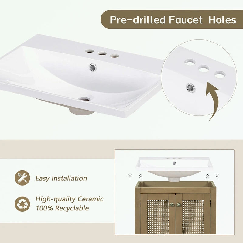 Bathroom Vanity with Ceramic Basin, Two Rattan Doors