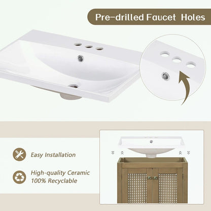 Bathroom Vanity with Ceramic Basin, Two Rattan Doors