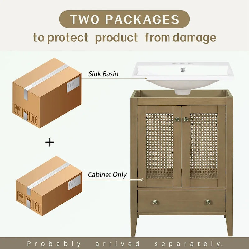 Bathroom Vanity with Ceramic Basin, Two Rattan Doors