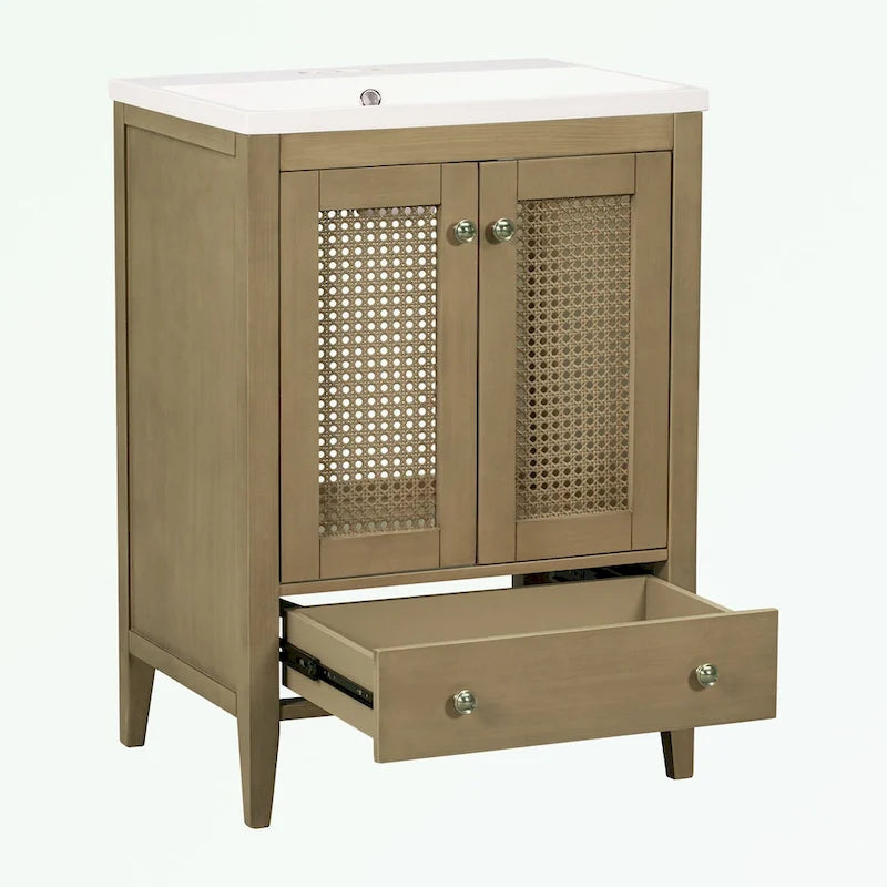 Bathroom Vanity with Ceramic Basin, Two Rattan Doors