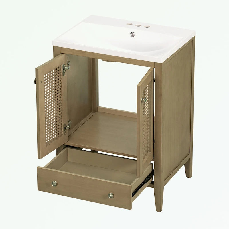 Bathroom Vanity with Ceramic Basin, Two Rattan Doors