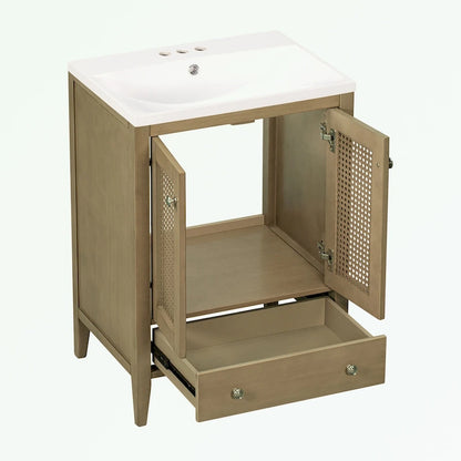 Bathroom Vanity with Ceramic Basin, Two Rattan Doors