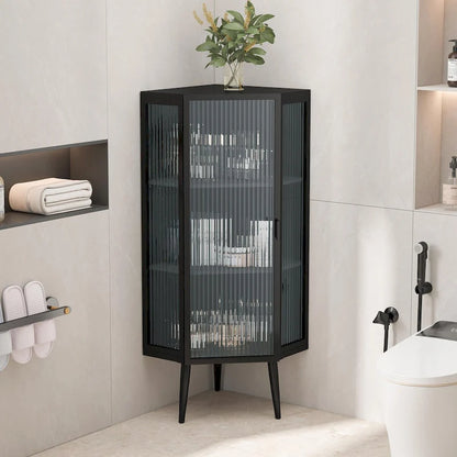 22.25 Floor Coner Cabinet,Three Tiers with Tempered Glass Doors and Storage Shelves for Bathroom, Living Room and Bedroom