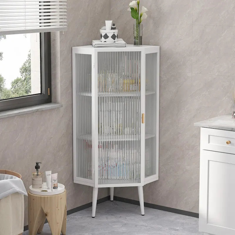 22.25 Floor Coner Cabinet,Three Tiers with Tempered Glass Doors and Storage Shelves for Bathroom, Living Room and Bedroom