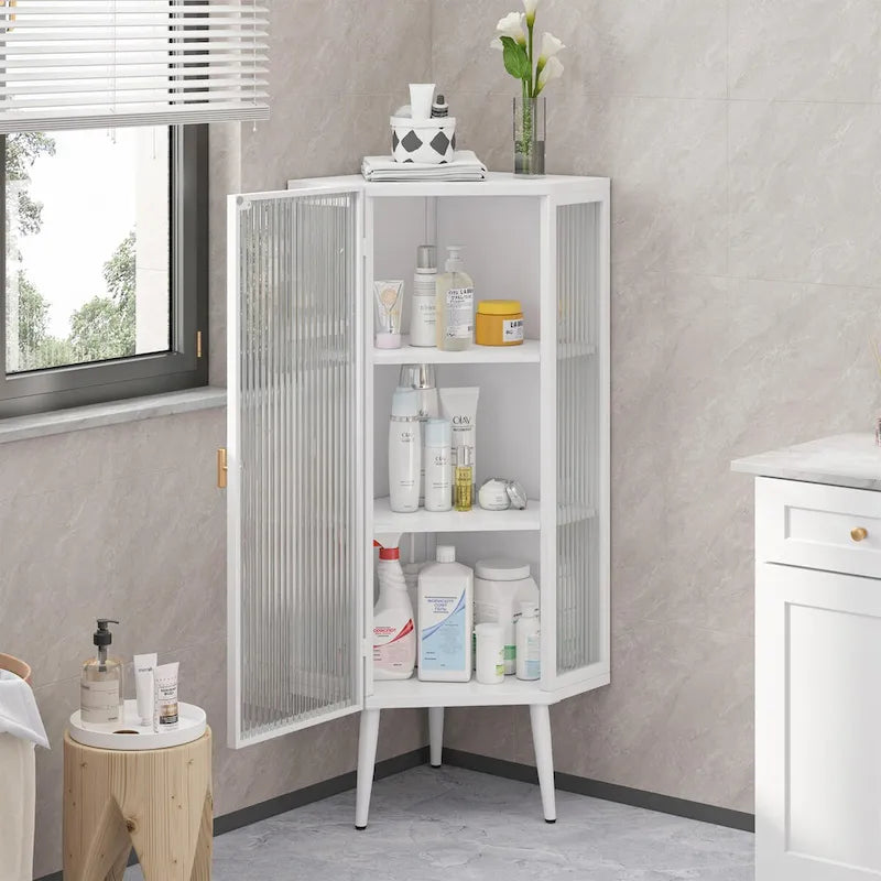 22.25 Floor Coner Cabinet,Three Tiers with Tempered Glass Doors and Storage Shelves for Bathroom, Living Room and Bedroom