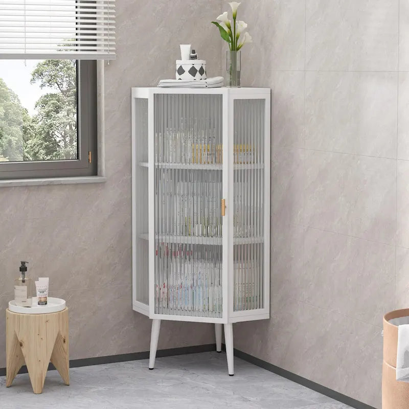 22.25 Floor Coner Cabinet,Three Tiers with Tempered Glass Doors and Storage Shelves for Bathroom, Living Room and Bedroom