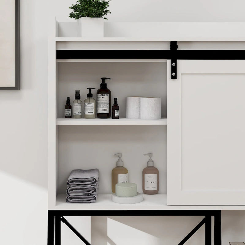 Above the toilet storage cabinet, bathroom shelf