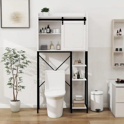 Above the toilet storage cabinet, bathroom shelf