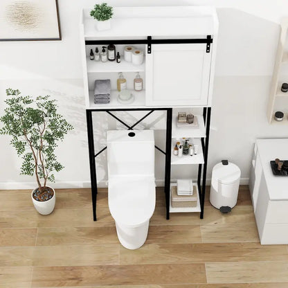 Above the toilet storage cabinet, bathroom shelf