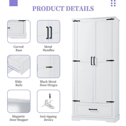 Tall Bathroom Storage Cabinet Cabinet with Two Doors and One Drawer Adjustable Shelf MDF Board White