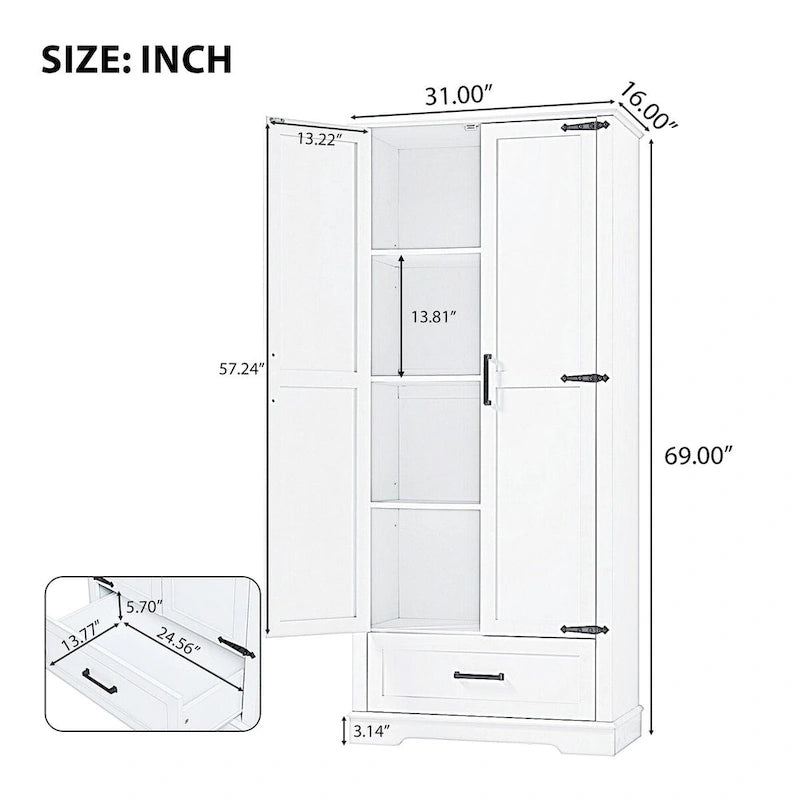 Tall Bathroom Storage Cabinet Cabinet with Two Doors and One Drawer Adjustable Shelf MDF Board White