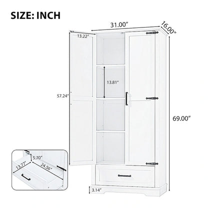 Tall Bathroom Storage Cabinet Cabinet with Two Doors and One Drawer Adjustable Shelf MDF Board White