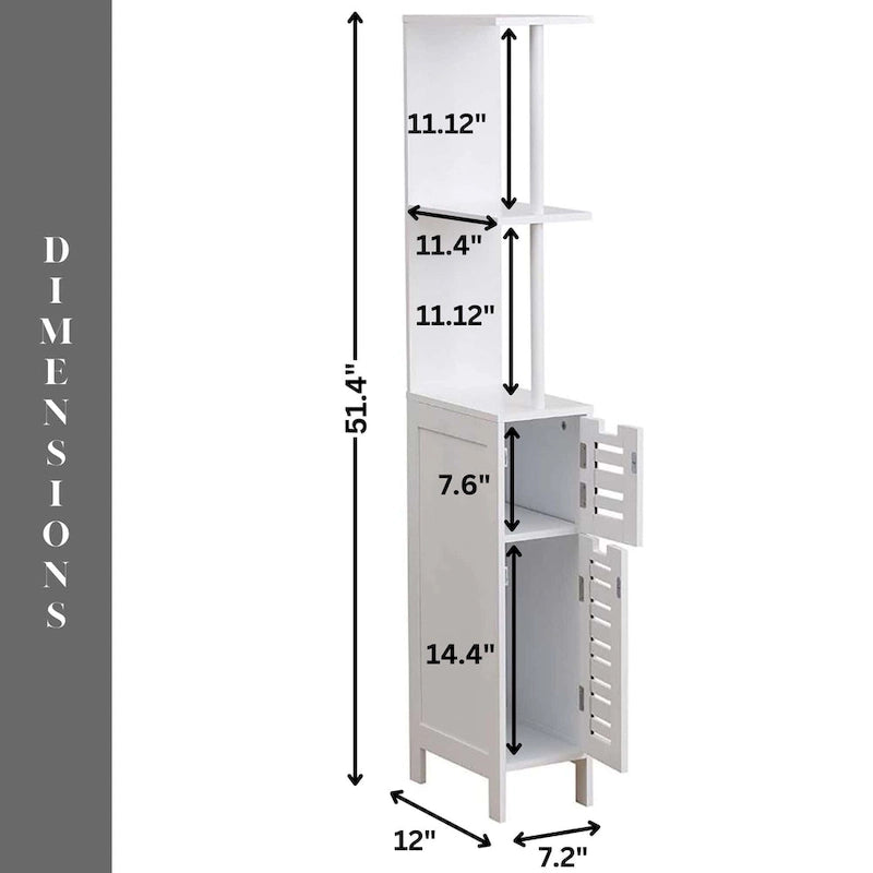 Miami White Slim Bathroom Storage Cabinet Open Shelves Two Doors - 51.4H x 7.2L 12W