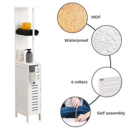 Miami White Slim Bathroom Storage Cabinet Open Shelves Two Doors - 51.4H x 7.2L 12W