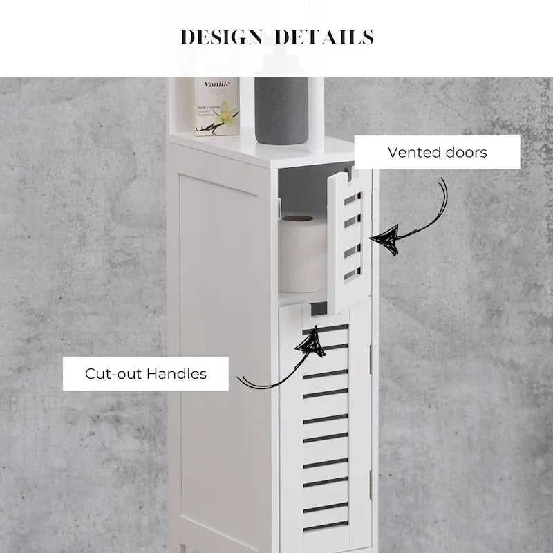 Miami White Slim Bathroom Storage Cabinet Open Shelves Two Doors - 51.4H x 7.2L 12W