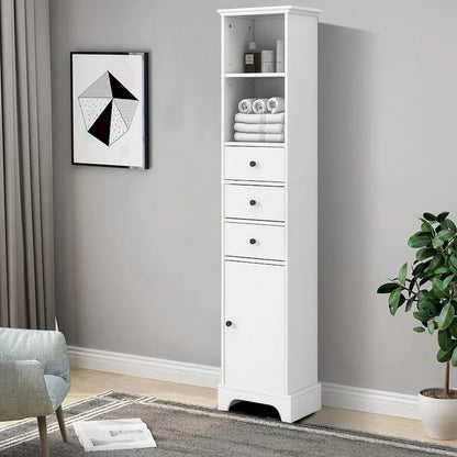 Slim Tall Bathroom Storage Cabinet with an Open Shelf, Three Drawers and a Cabinet