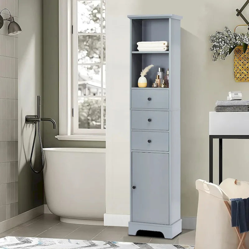 Slim Tall Bathroom Storage Cabinet with an Open Shelf, Three Drawers and a Cabinet