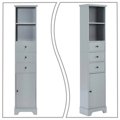 Slim Tall Bathroom Storage Cabinet with an Open Shelf, Three Drawers and a Cabinet