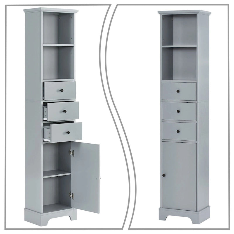Slim Tall Bathroom Storage Cabinet with an Open Shelf, Three Drawers and a Cabinet