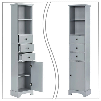 Slim Tall Bathroom Storage Cabinet with an Open Shelf, Three Drawers and a Cabinet