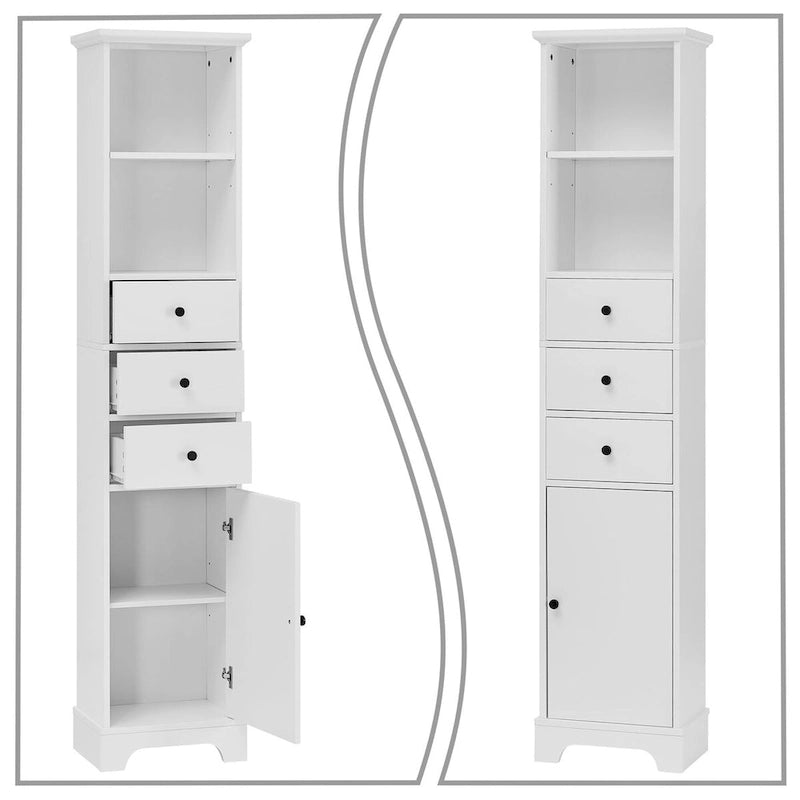 Slim Tall Bathroom Storage Cabinet with an Open Shelf, Three Drawers and a Cabinet