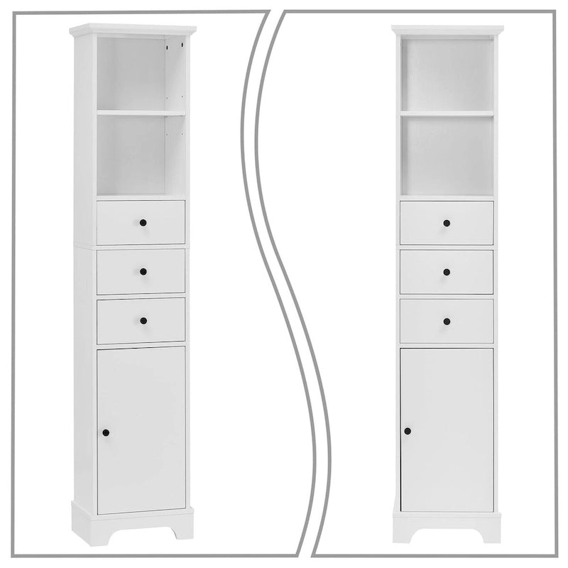 Slim Tall Bathroom Storage Cabinet with an Open Shelf, Three Drawers and a Cabinet